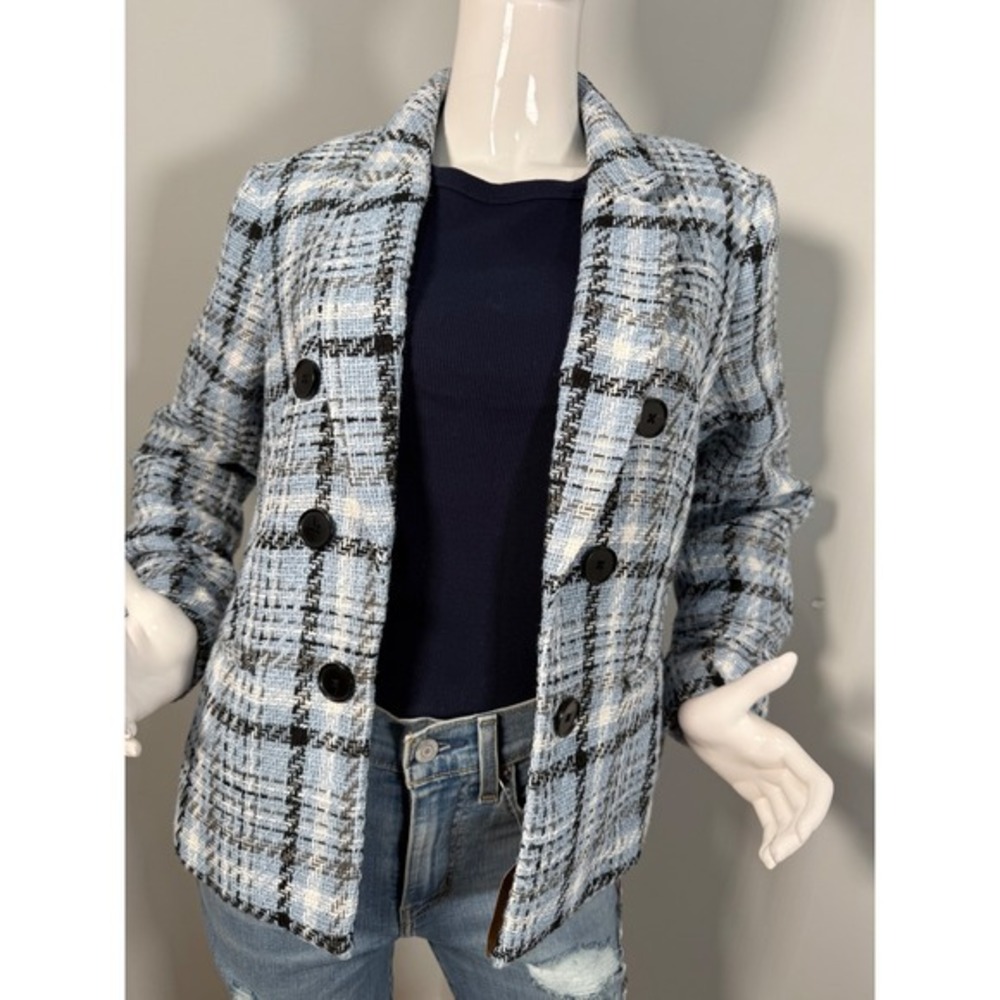 Jones‎ New York Plaid Double Breasted Blazer Light Blue Black White Jacket  PL - Picture 5 of 10